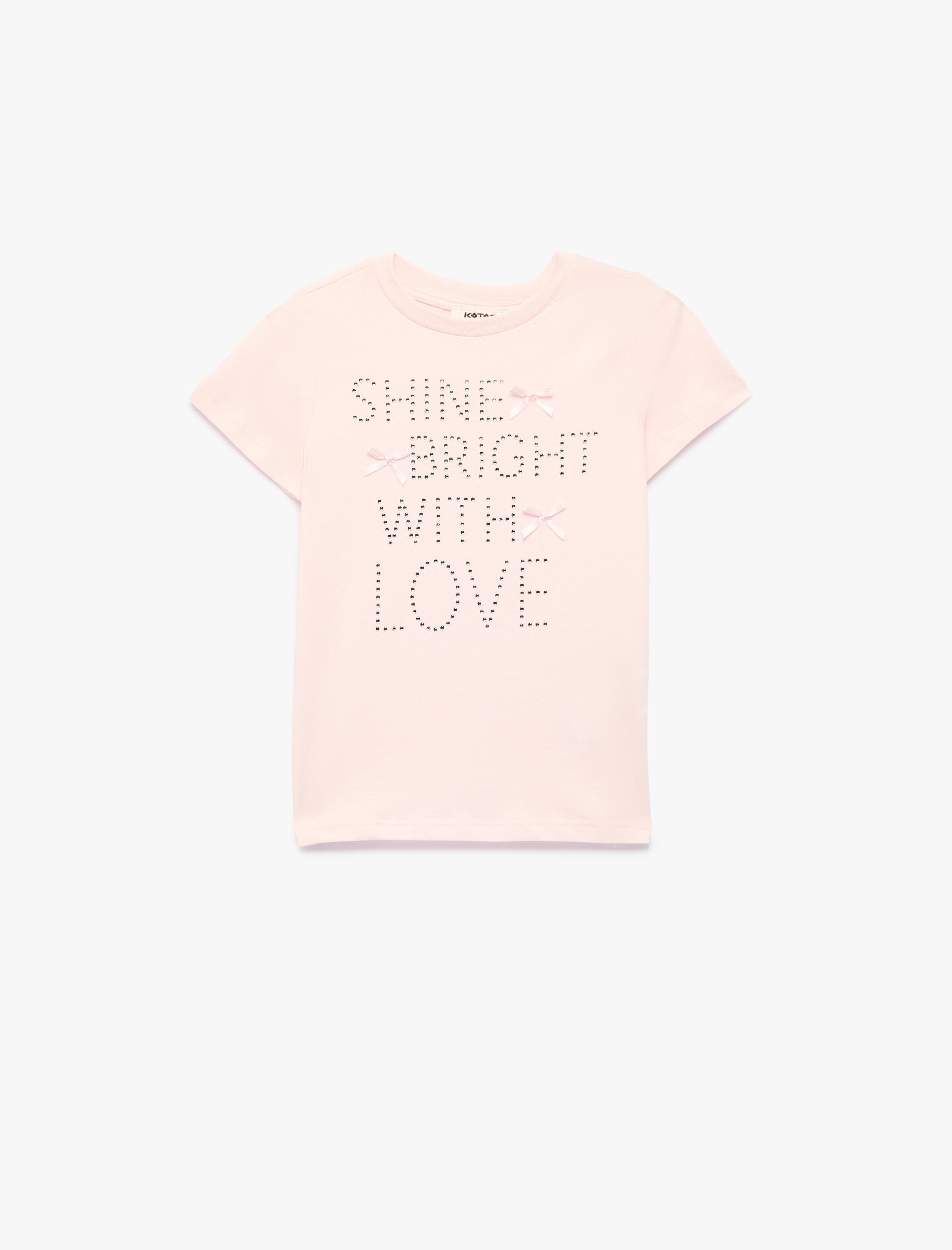  Kız Çocuk Fiyonk Detaylı Baskılı Bisiklet Yaka Kısa Kollu Pamuklu Tişört