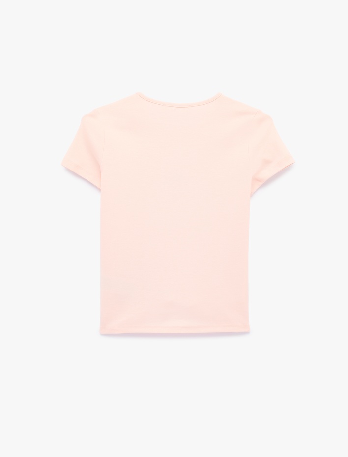  Slim Fit Kısa Kollu Bisiklet Yaka Kruvasan Nakışlı Pamuklu Tişört