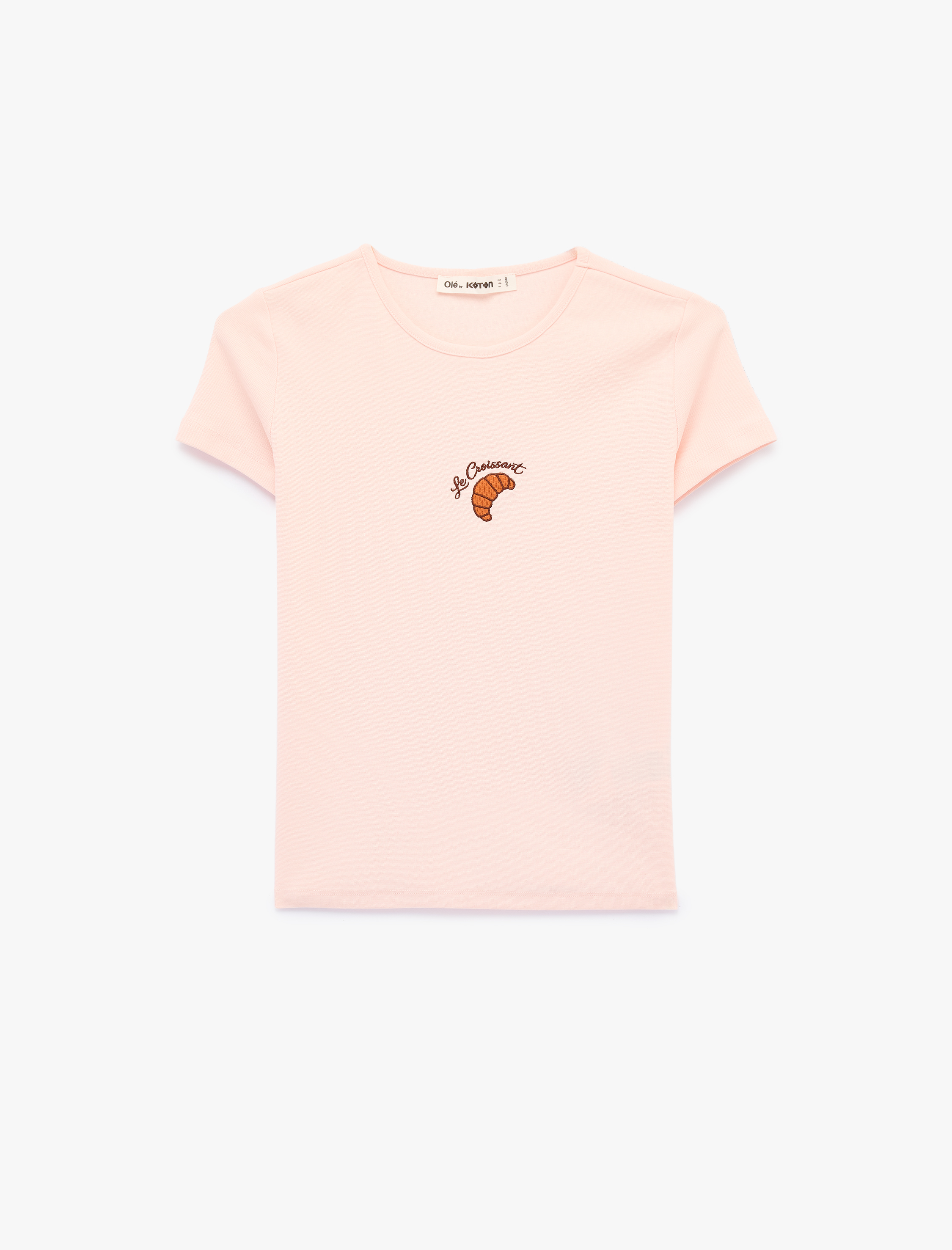   Slim Fit Kısa Kollu Bisiklet Yaka Kruvasan Nakışlı Pamuklu Tişört