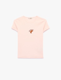 Slim Fit Kısa Kollu Bisiklet Yaka Kruvasan Nakışlı Pamuklu Tişört