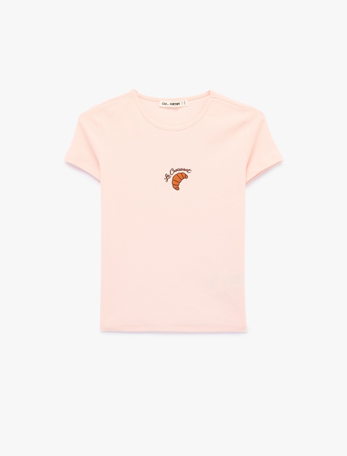  Slim Fit Kısa Kollu Bisiklet Yaka Kruvasan Nakışlı Pamuklu Tişört