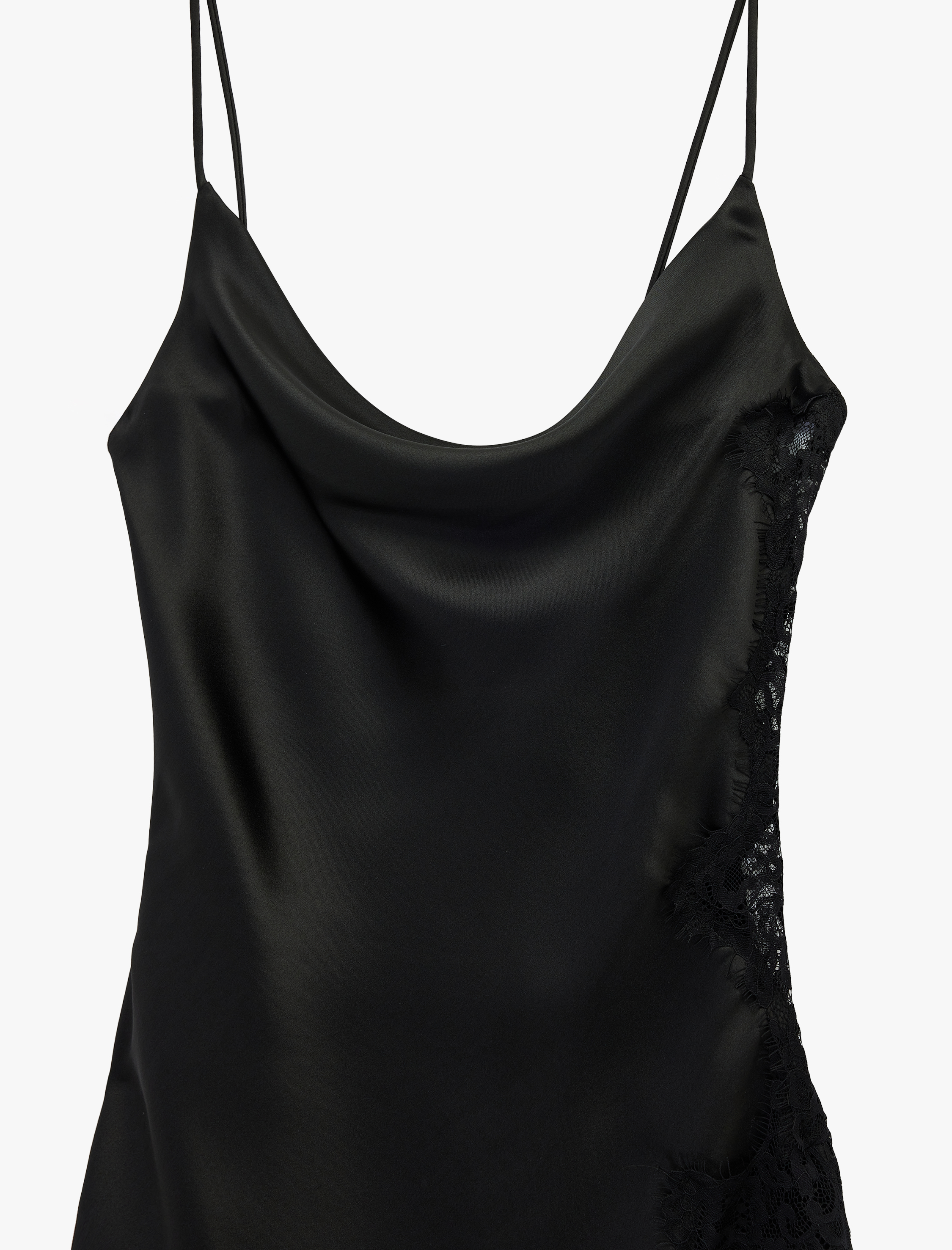   Asimetrik Kesim İp Askılı Dantel Detaylı Degaje Yaka Uzun Saten Elbise