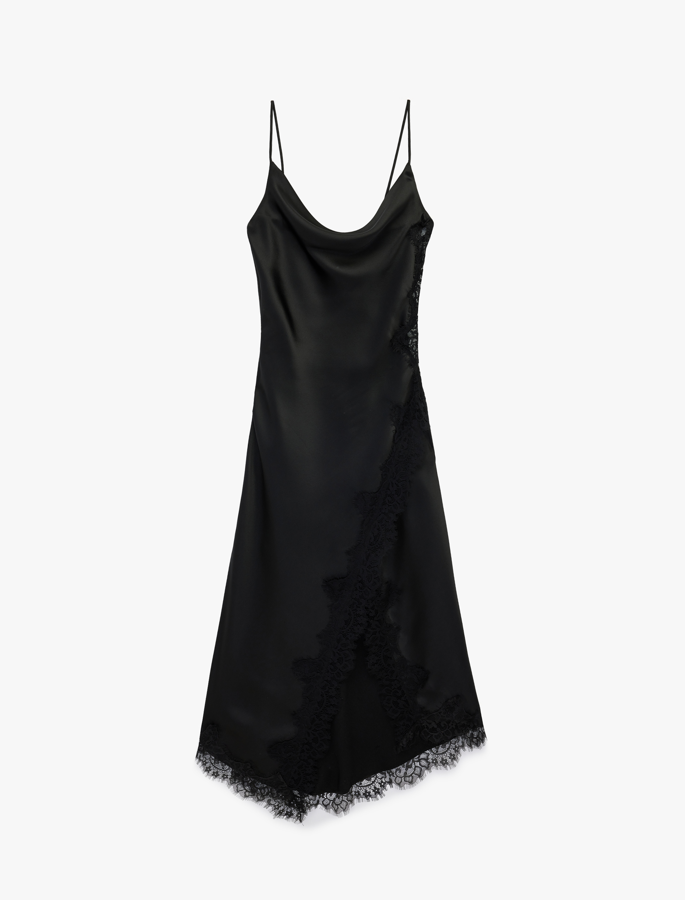   Asimetrik Kesim İp Askılı Dantel Detaylı Degaje Yaka Uzun Saten Elbise