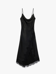 Asimetrik Kesim İp Askılı Dantel Detaylı Degaje Yaka Uzun Saten Elbise