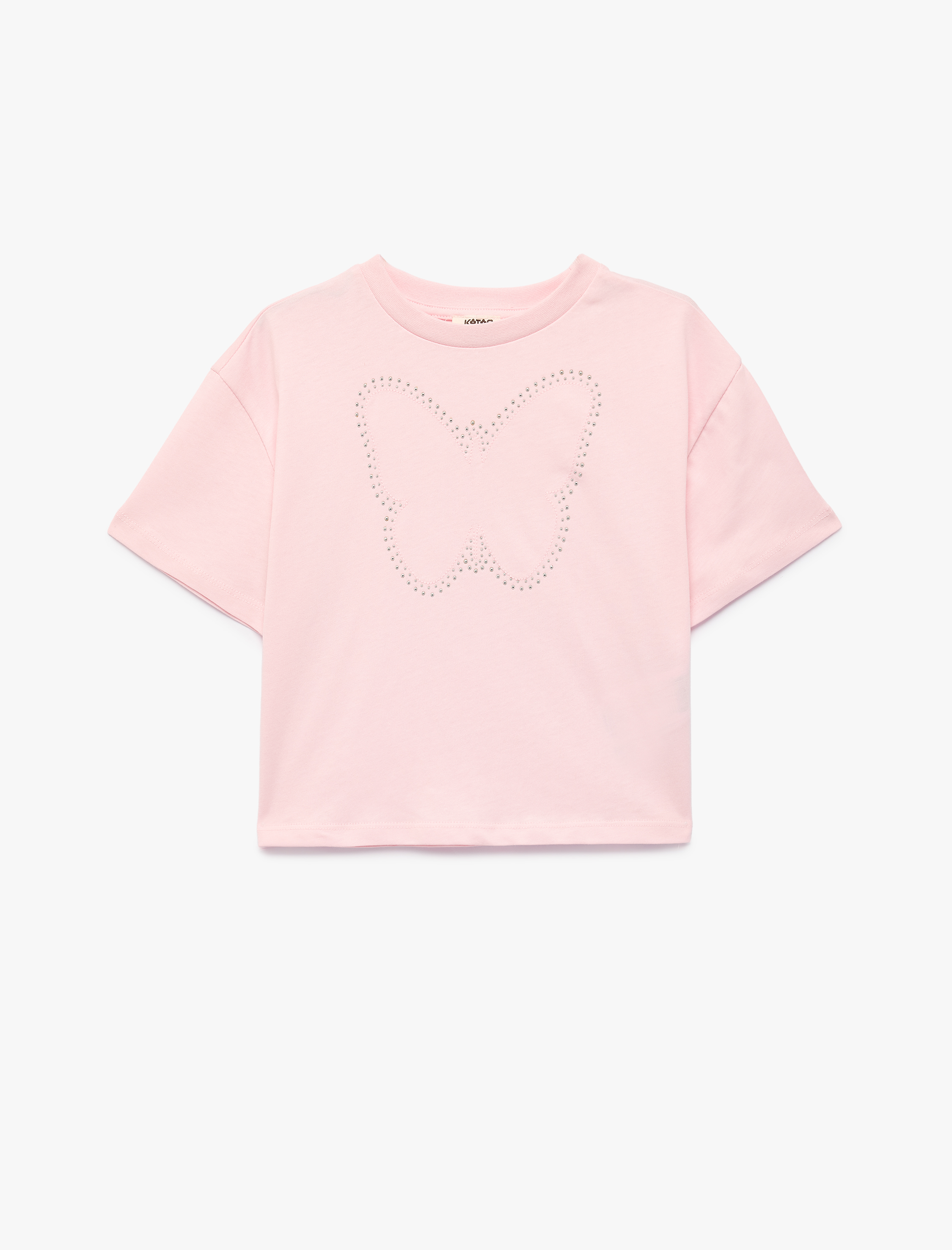  Kız Çocuk Pamuklu Kısa Kollu Bisiklet Yaka Kelebek Baskılı Tişört