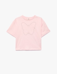 Pamuklu Kısa Kollu Bisiklet Yaka Kelebek Baskılı Tişört
