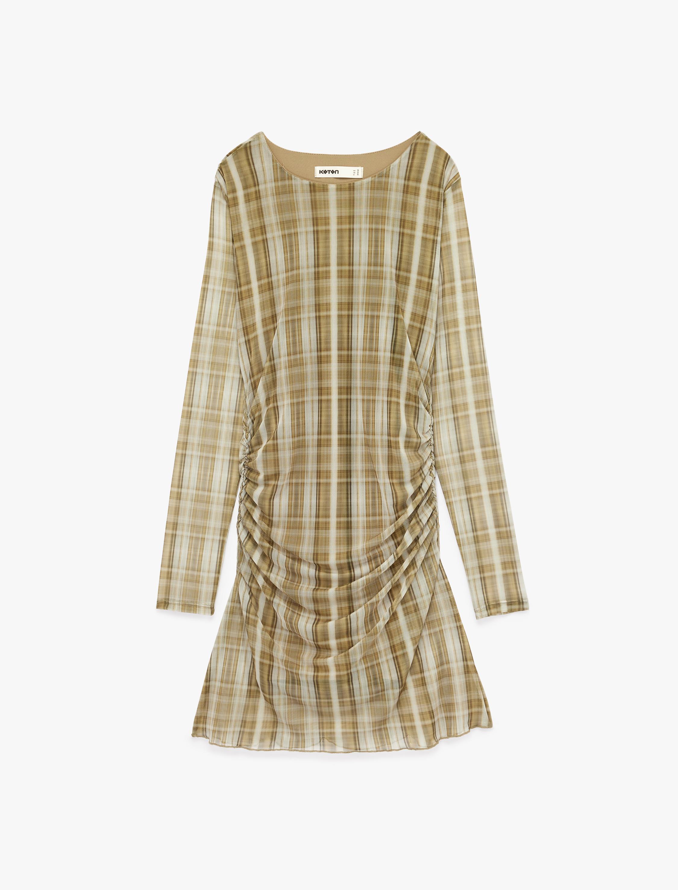   Slim Fit Uzun Kollu Yuvarlak Yaka Drapeli Detaylı Mini Ekose Tül Elbise