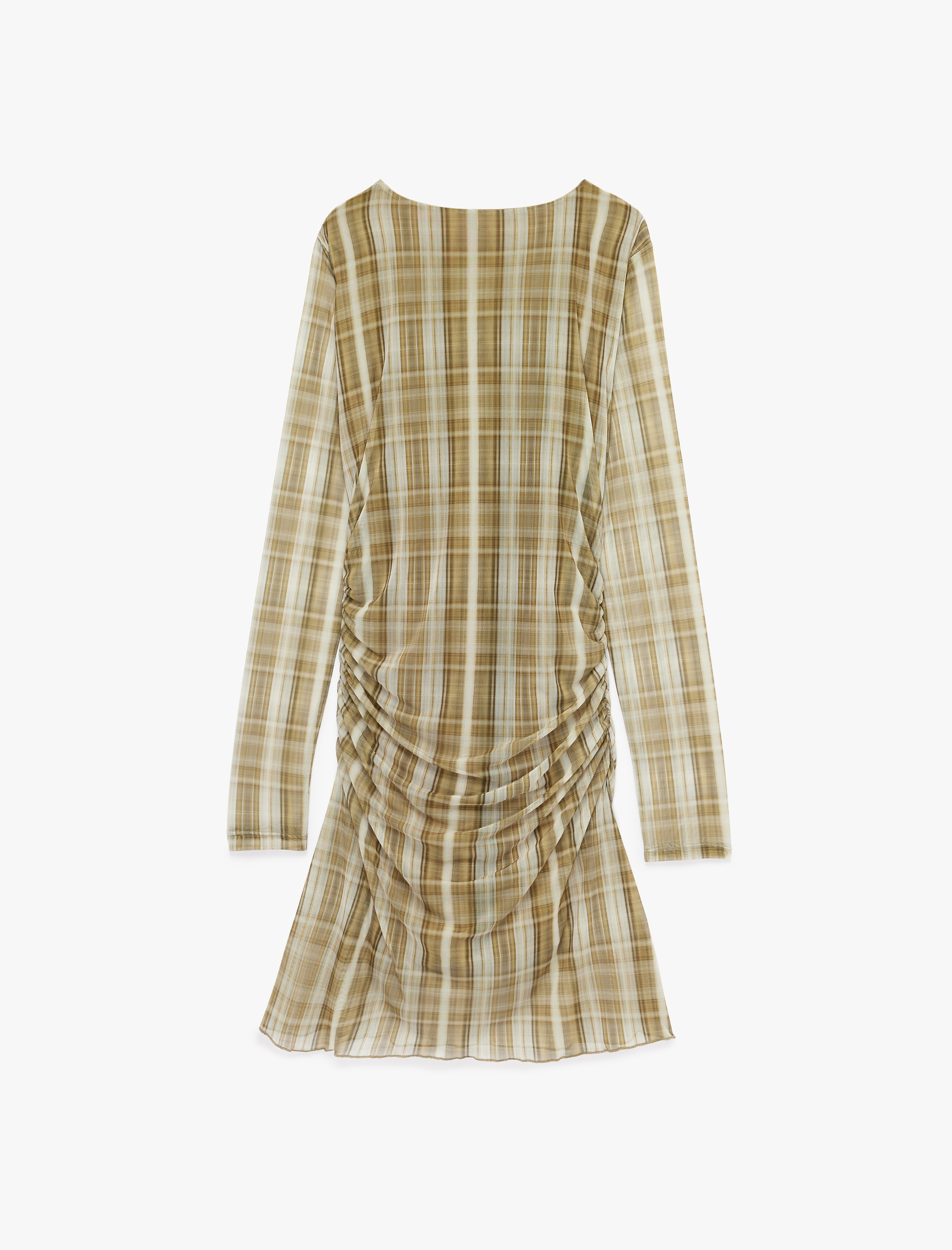   Slim Fit Uzun Kollu Yuvarlak Yaka Drapeli Detaylı Mini Ekose Tül Elbise