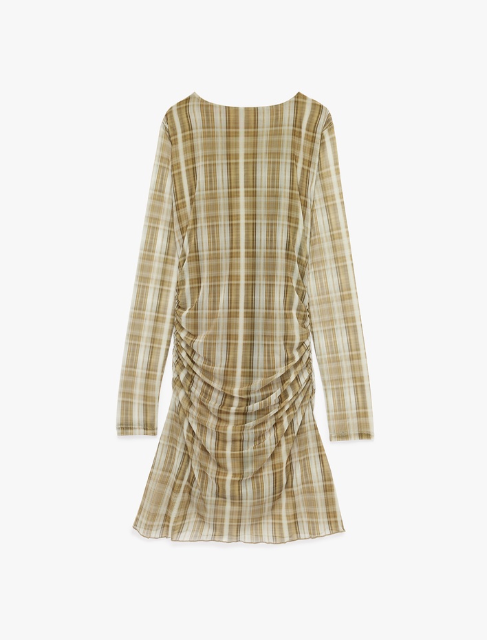  Slim Fit Uzun Kollu Yuvarlak Yaka Drapeli Detaylı Mini Ekose Tül Elbise