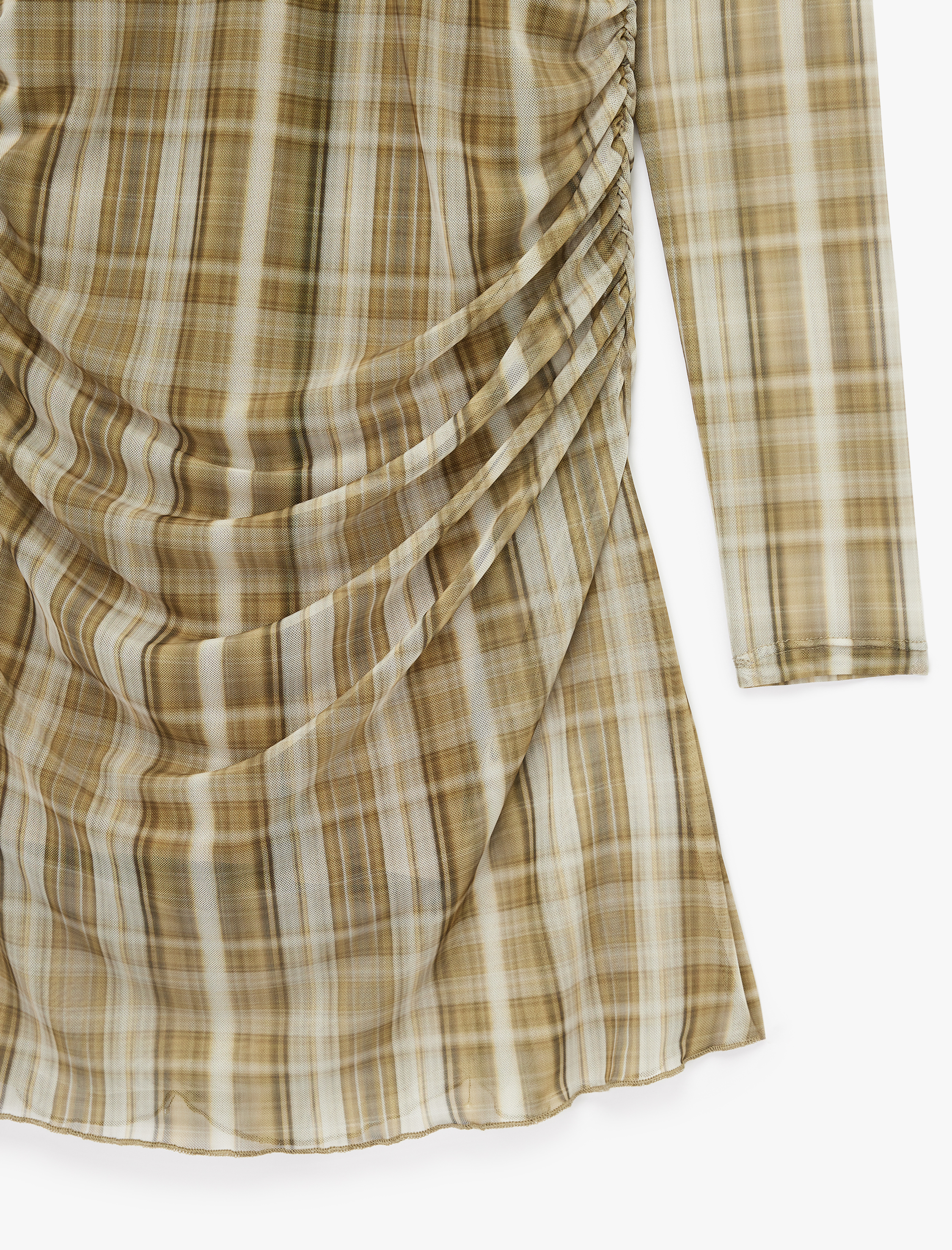   Slim Fit Uzun Kollu Yuvarlak Yaka Drapeli Detaylı Mini Ekose Tül Elbise