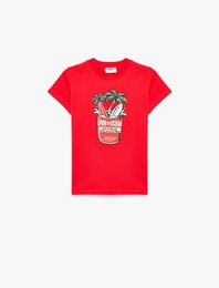 Pamuklu Kısa Kollu Bisiklet Yaka Baskılı Tişört