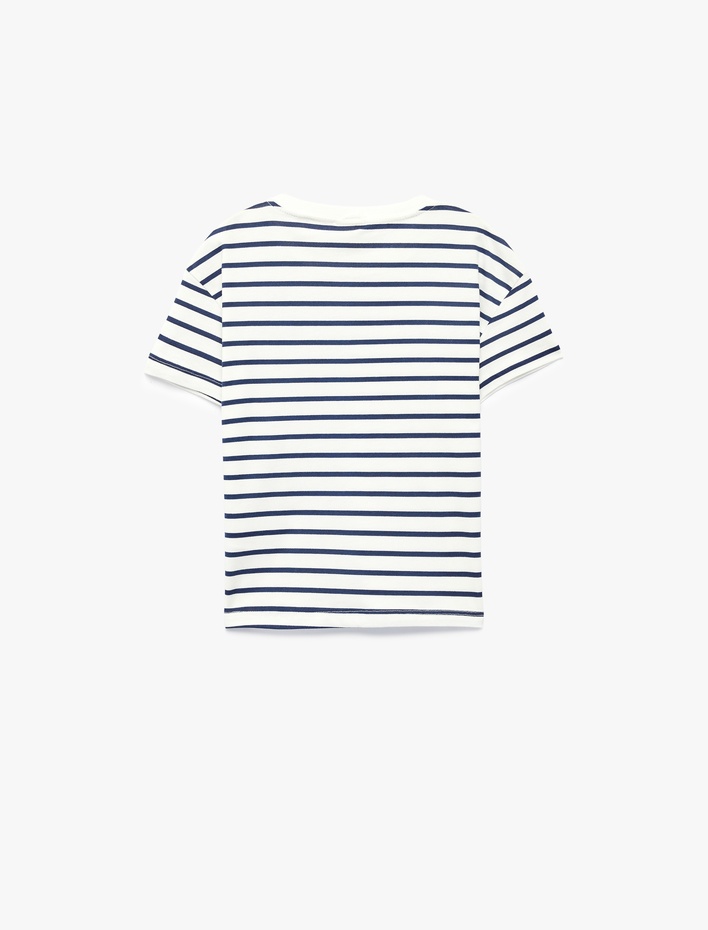 Erkek Bebek Pamuklu Kurbağa Nakış Detaylı Kısa Kollu Bisiklet Yaka Çizgili Tişört