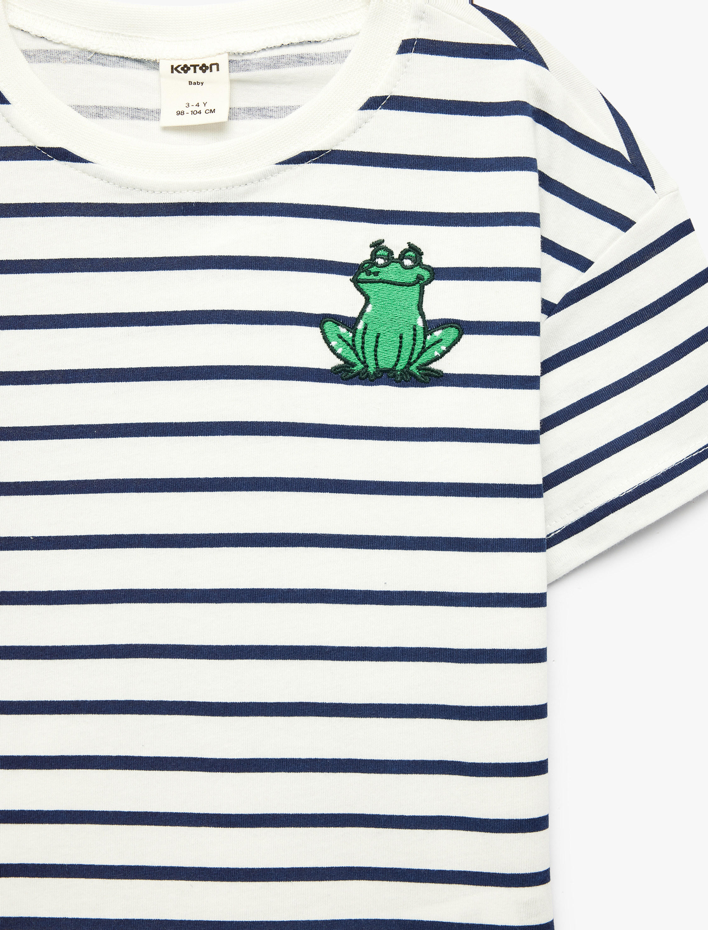  Erkek Bebek Pamuklu Kurbağa Nakış Detaylı Kısa Kollu Bisiklet Yaka Çizgili Tişört