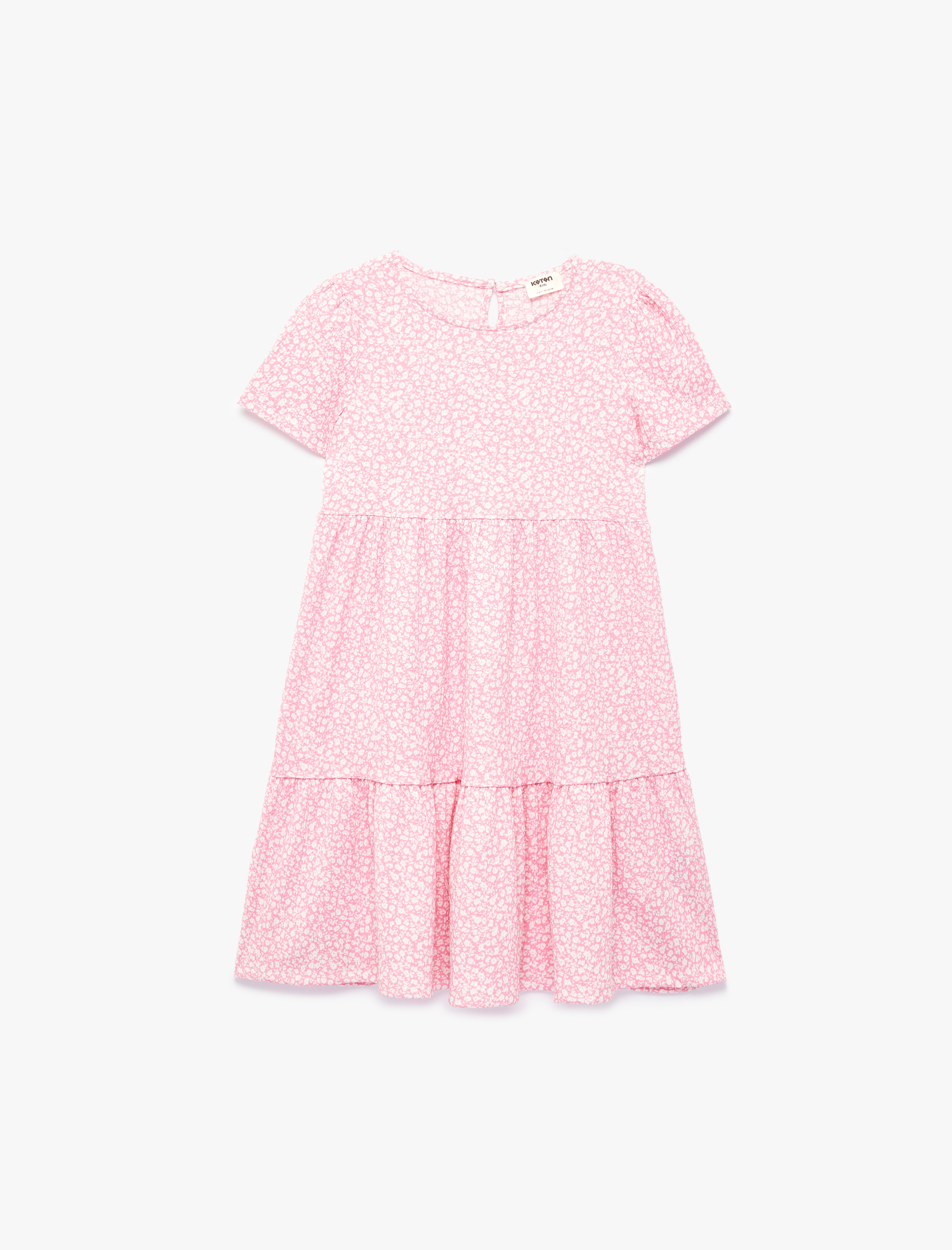  Kız Çocuk Bisiklet Yaka Kısa Kollu Kat Detaylı Desenli Elbise