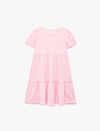 Bisiklet Yaka Kısa Kollu Kat Detaylı Desenli Elbise