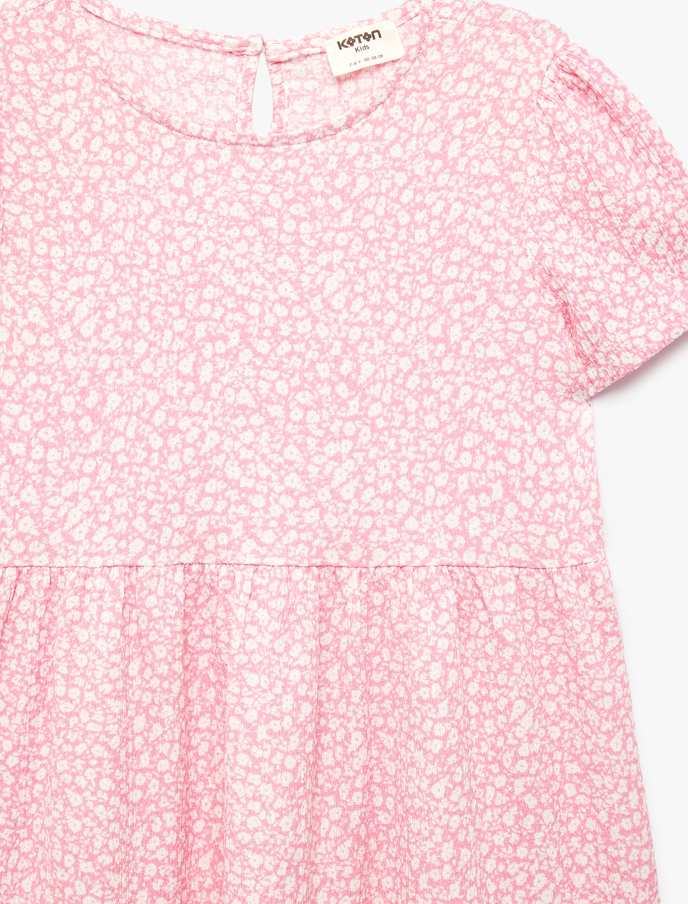  Kız Çocuk Bisiklet Yaka Kısa Kollu Kat Detaylı Desenli Elbise