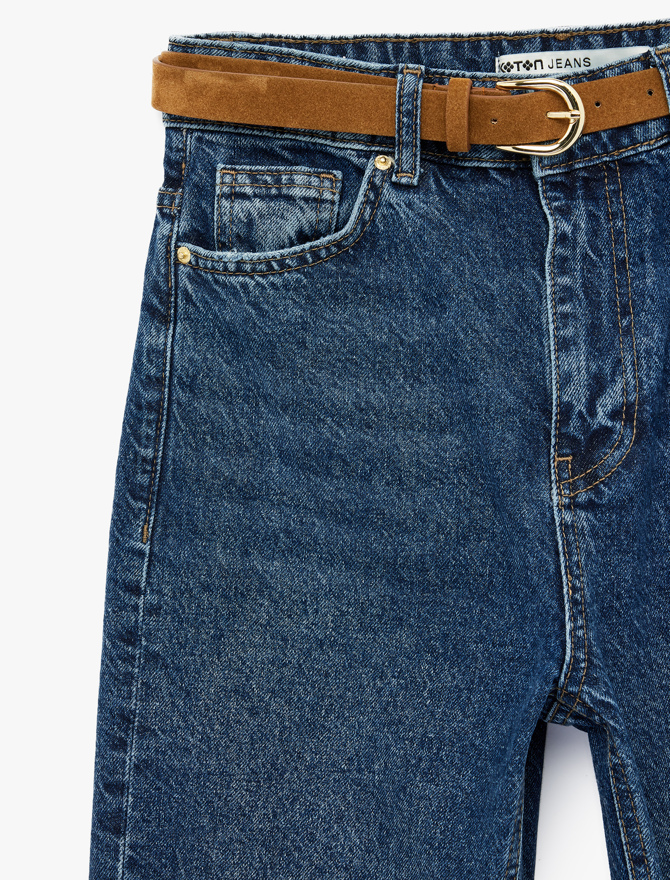   Yüksek Bel Düz Paça Pamuklu Düğmeli Cepli Denim Pantolon-Mom Fit Jean