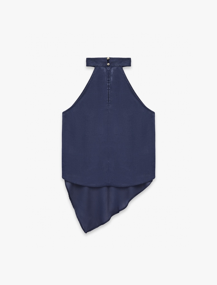  Asimetrik Kolsuz Halter Yaka Saten Bluz