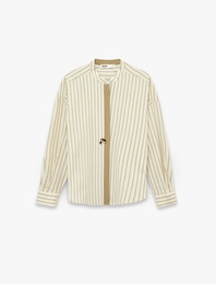 Pamuklu Uzun Kollu Düğme Detaylı Oversize Çizgili Kruvaze Yaka Gömlek