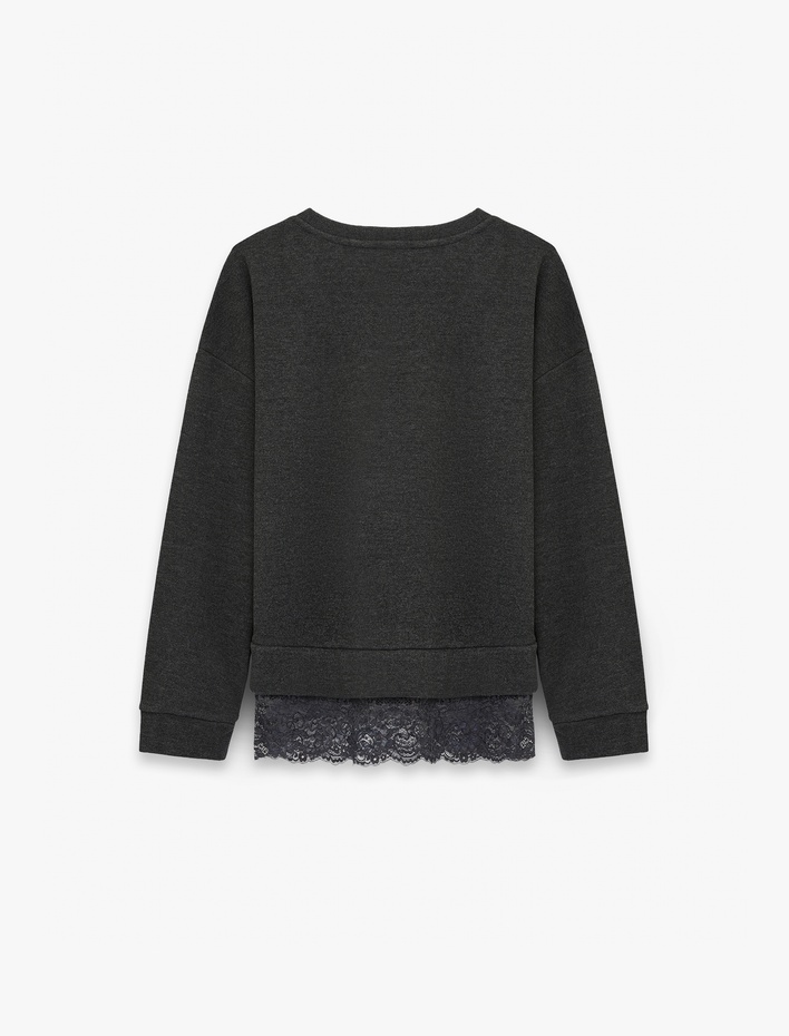  Uzun Kollu Bisiklet Yaka Dantel Detaylı Sweatshirt