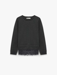 Uzun Kollu Bisiklet Yaka Dantel Detaylı Sweatshirt