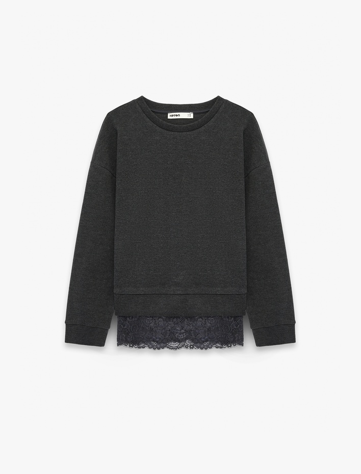  Uzun Kollu Bisiklet Yaka Dantel Detaylı Sweatshirt