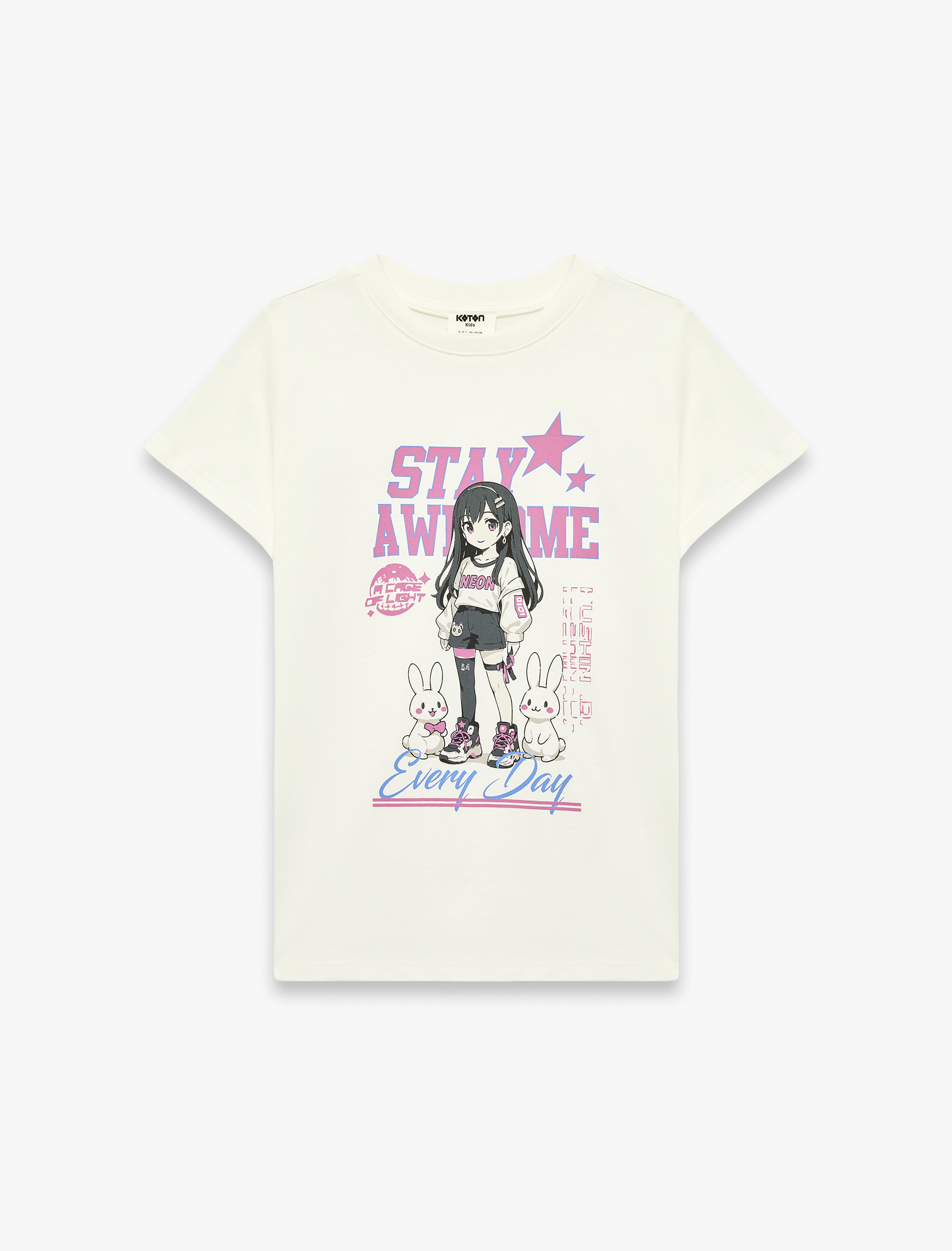  Kız Çocuk Bisiklet Yaka Kısa Kollu Pamuklu Baskılı Tişört