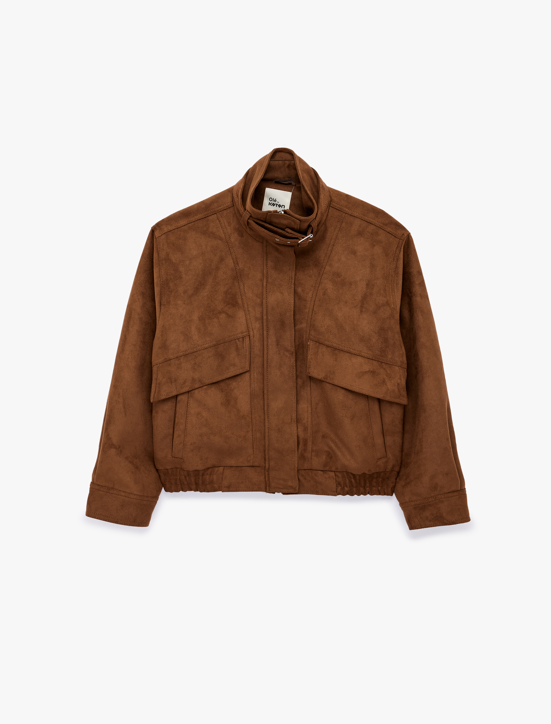   Uzun Kollu Cep Detaylı Fermuarlı Dik Yaka Süet Görünümlü Ceket