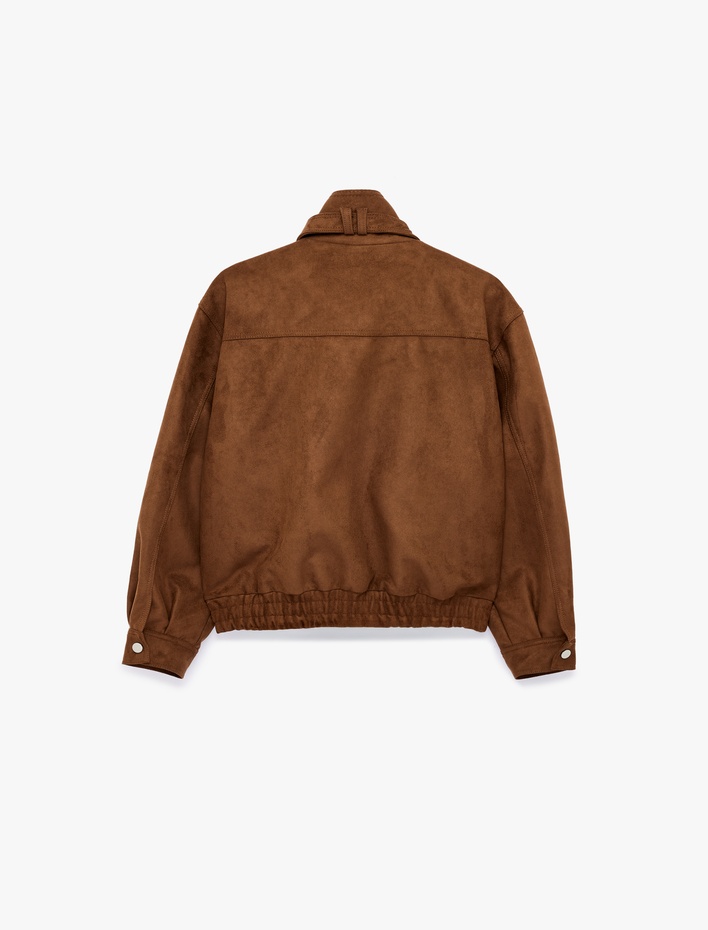  Uzun Kollu Cep Detaylı Fermuarlı Dik Yaka Süet Görünümlü Ceket