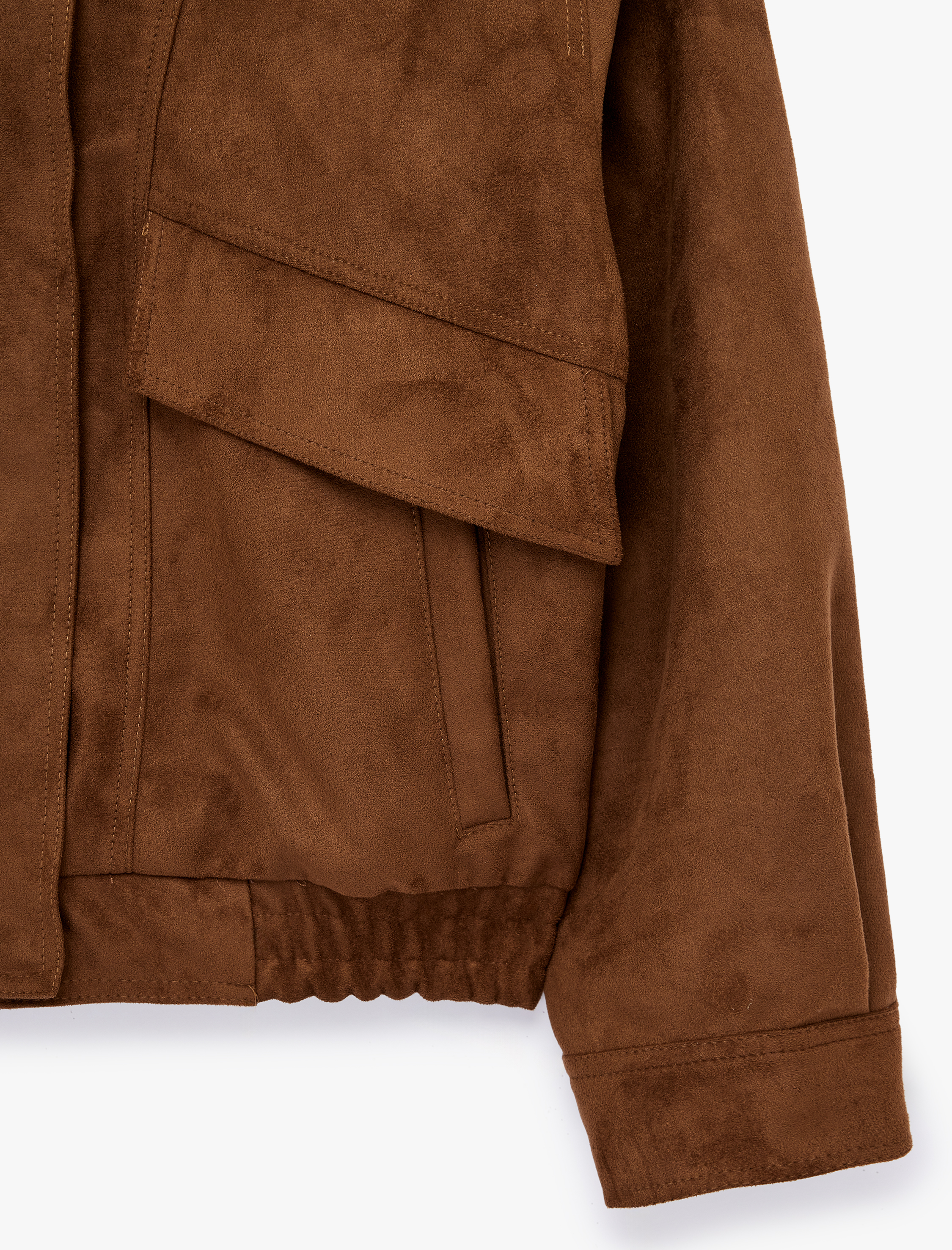   Uzun Kollu Cep Detaylı Fermuarlı Dik Yaka Süet Görünümlü Ceket