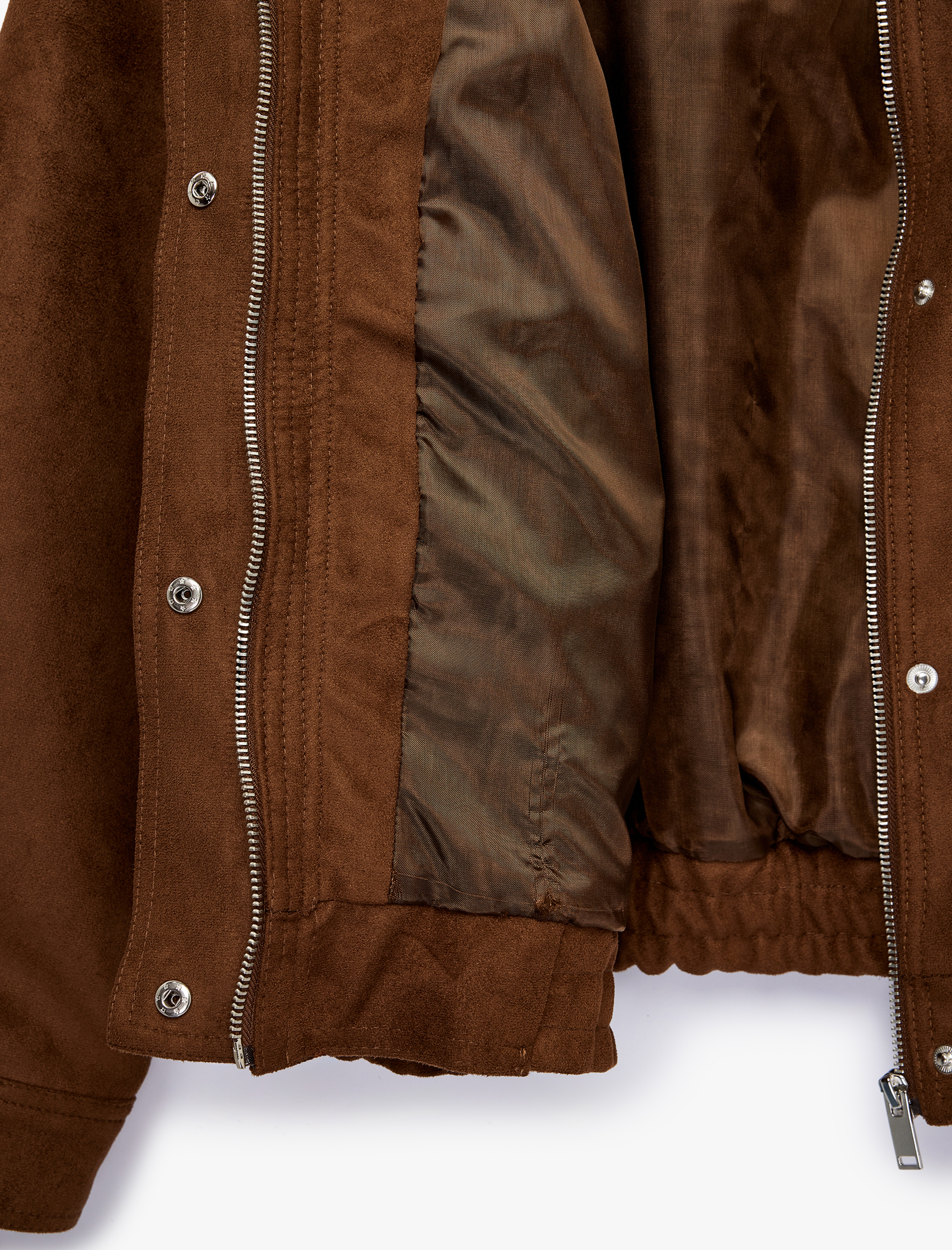   Uzun Kollu Cep Detaylı Fermuarlı Dik Yaka Süet Görünümlü Ceket