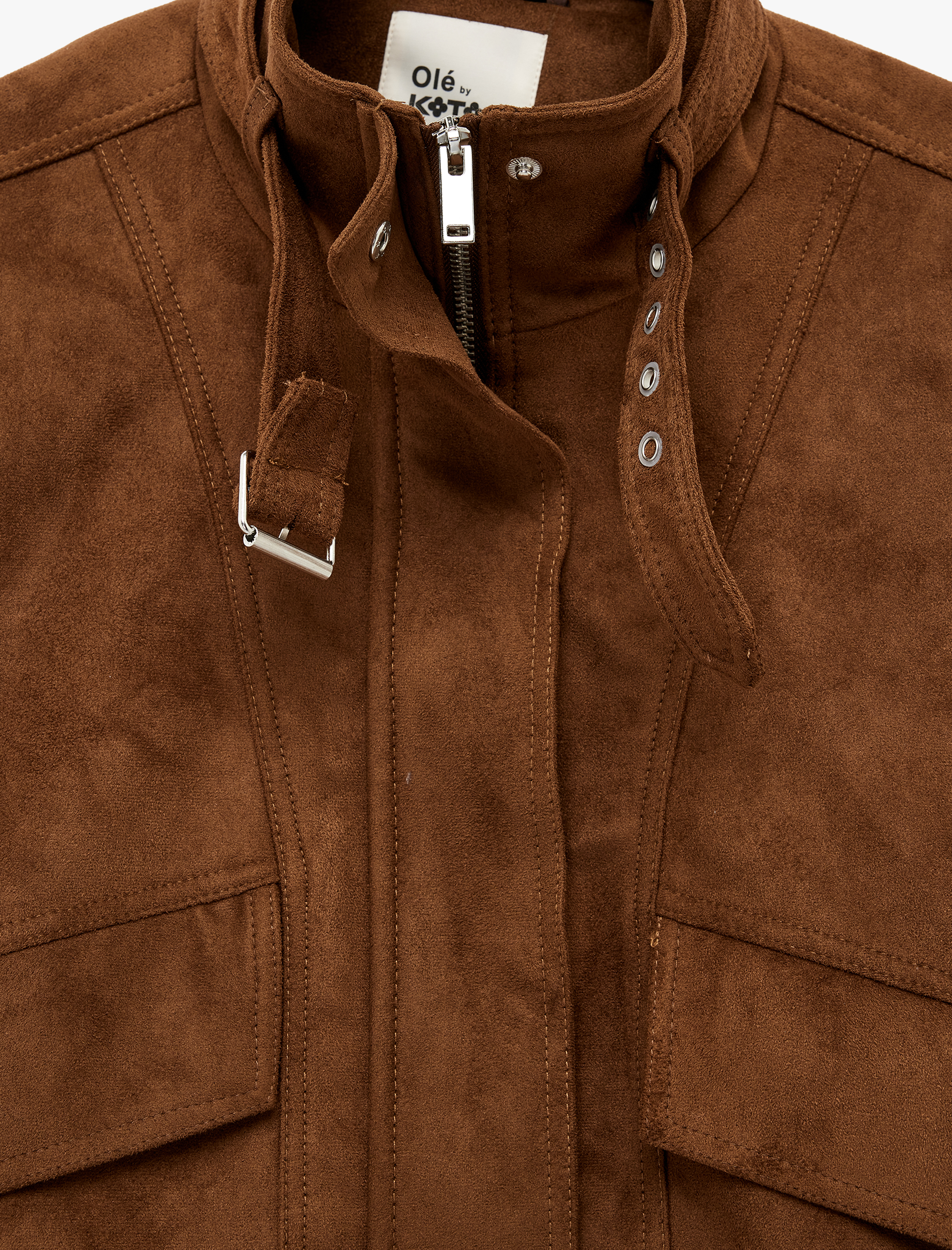   Uzun Kollu Cep Detaylı Fermuarlı Dik Yaka Süet Görünümlü Ceket