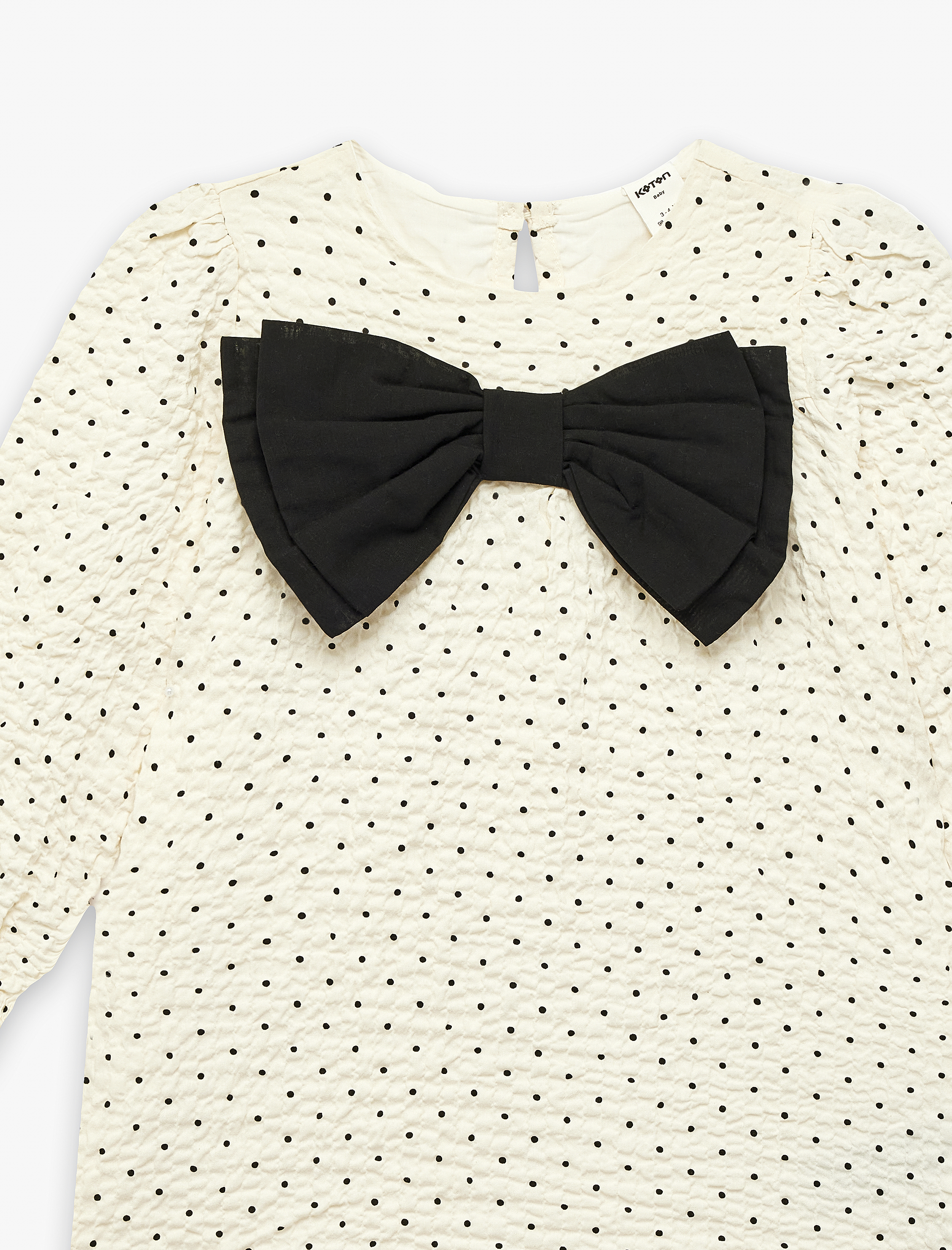  Kız Bebek Uzun Kollu Pamuk Viskon Karışımlı Dokulu Bisiklet Yaka Fiyonklu Puantiye Desenli Müslin Elbise