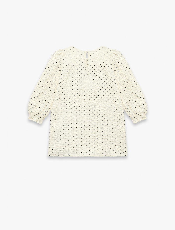 Kız Bebek Uzun Kollu Pamuk Viskon Karışımlı Dokulu Bisiklet Yaka Fiyonklu Puantiye Desenli Müslin Elbise