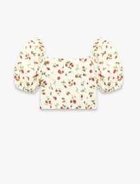 Keten Viskon Karışımlı Gipeli Slim Fit Poplin Kare Yaka Crop Balon Kollu Çilek Desenli Bluz