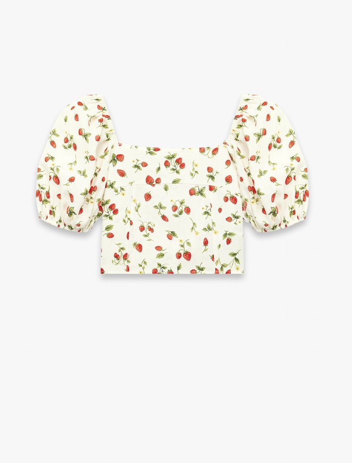 Kız Çocuk Keten Viskon Karışımlı Gipeli Slim Fit Poplin Kare Yaka Crop Balon Kollu Çilek Desenli Bluz