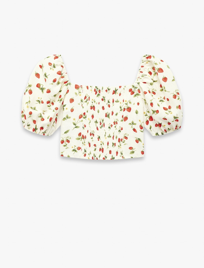 Kız Çocuk Keten Viskon Karışımlı Gipeli Slim Fit Poplin Kare Yaka Crop Balon Kollu Çilek Desenli Bluz