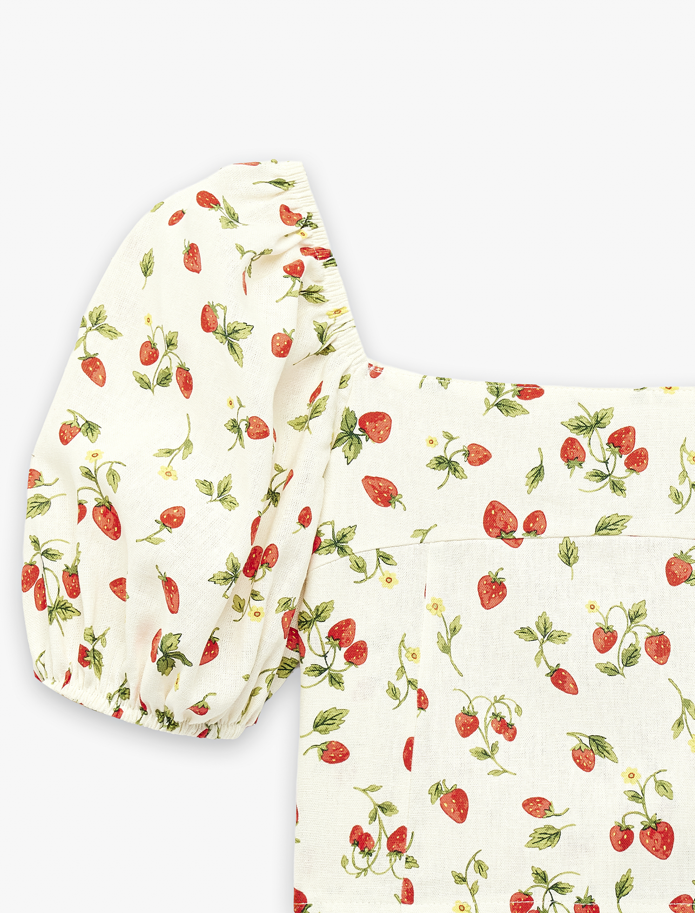  Kız Çocuk Keten Viskon Karışımlı Gipeli Slim Fit Poplin Kare Yaka Crop Balon Kollu Çilek Desenli Bluz