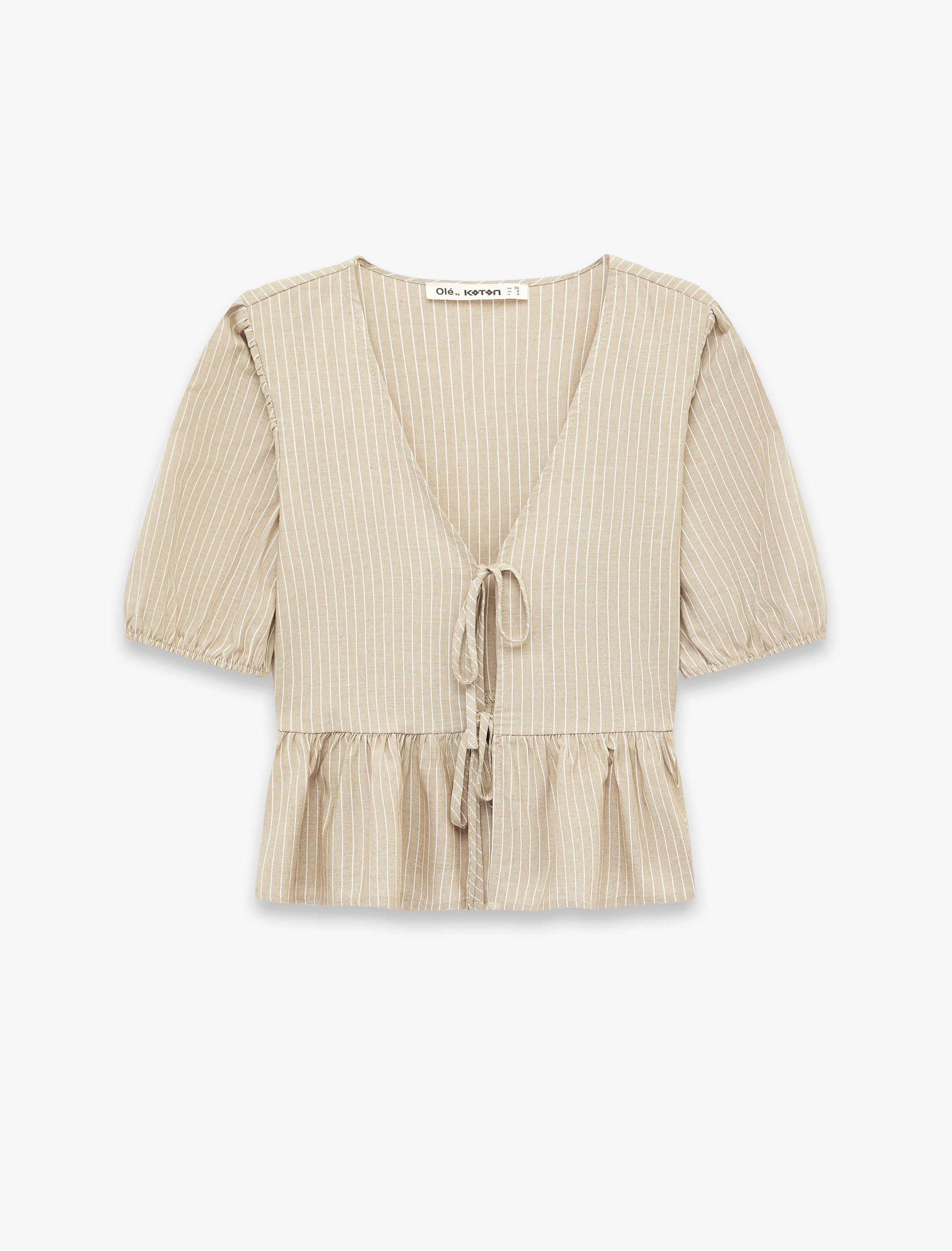   Viskon Karışımlı V Yaka Bağlama Detaylı Kısa Balon Kol Bluz