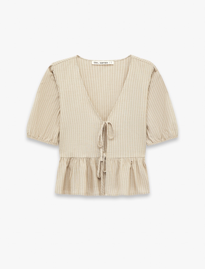  Viskon Karışımlı V Yaka Bağlama Detaylı Kısa Balon Kol Bluz