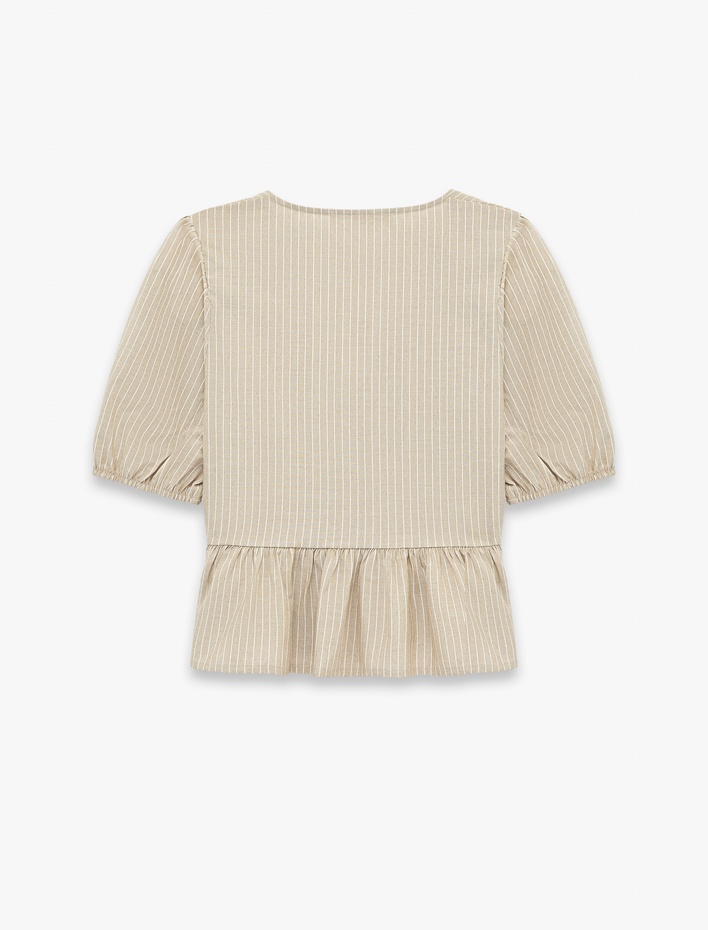  Viskon Karışımlı V Yaka Bağlama Detaylı Kısa Balon Kol Bluz