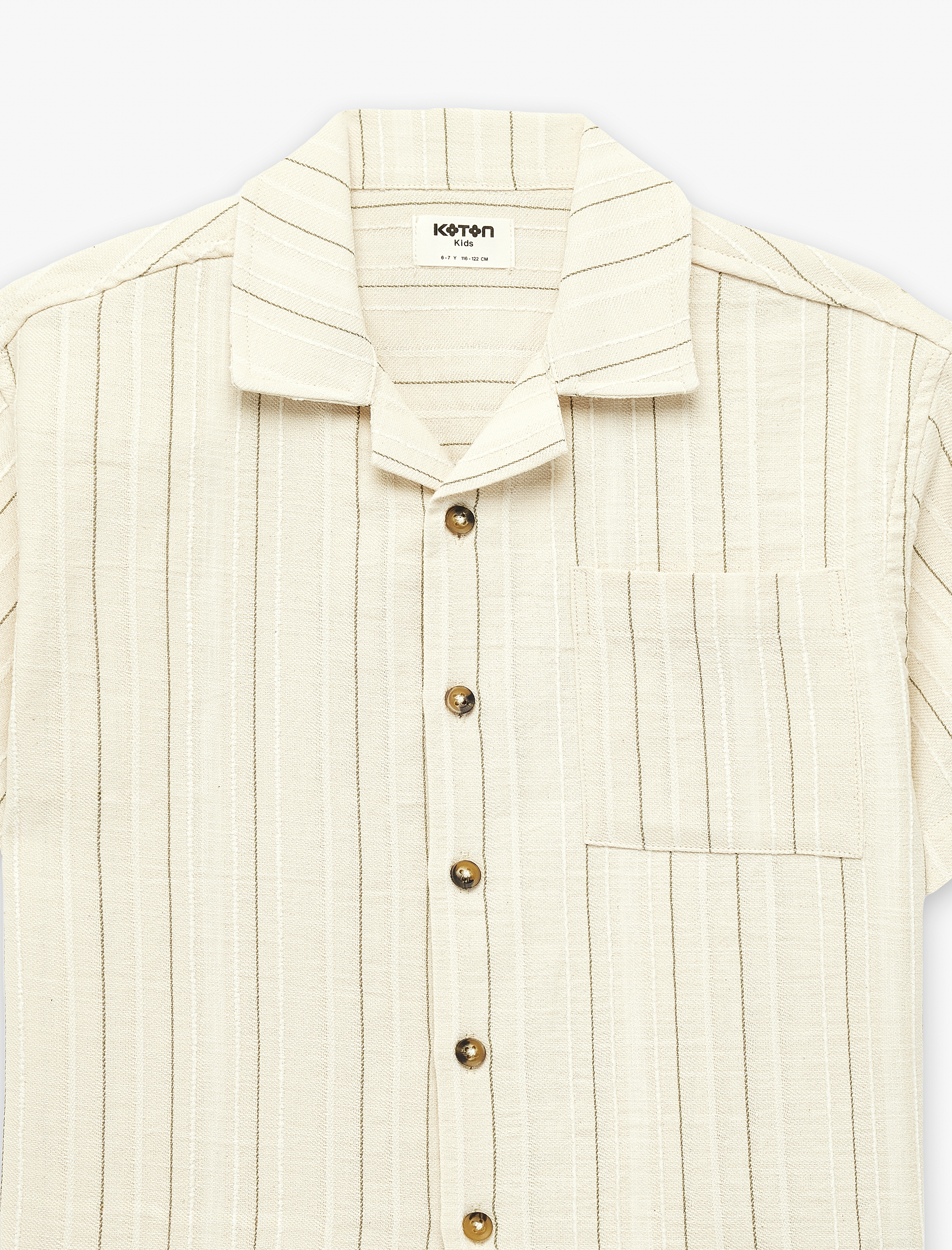  Erkek Çocuk Pamuklu Cepli Devrik Yaka Çizgili Kısa Kollu Gömlek