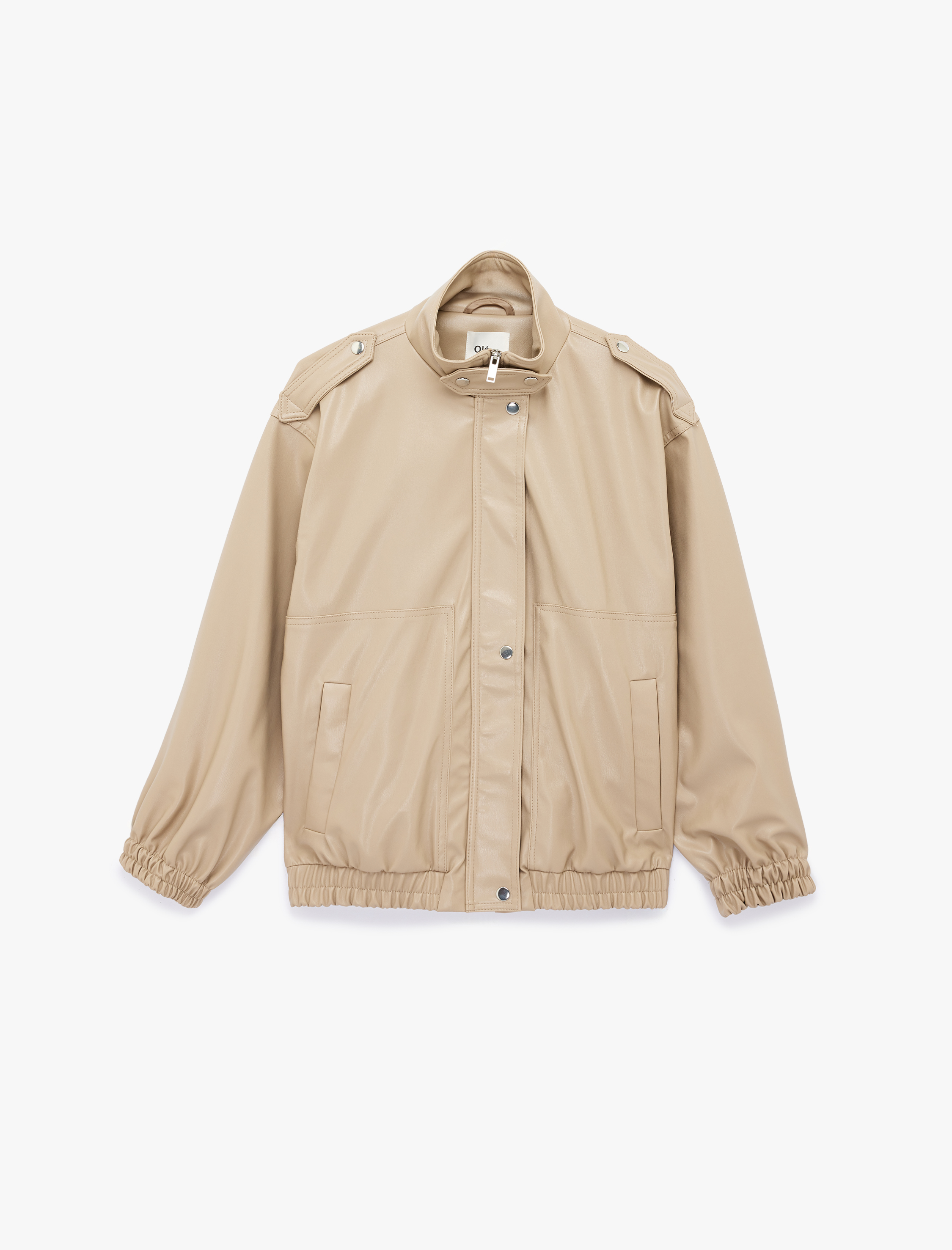   Fermuarlı Uzun Kollu Cep Detaylı Dik Yaka Oversize Suni Deri Ceket