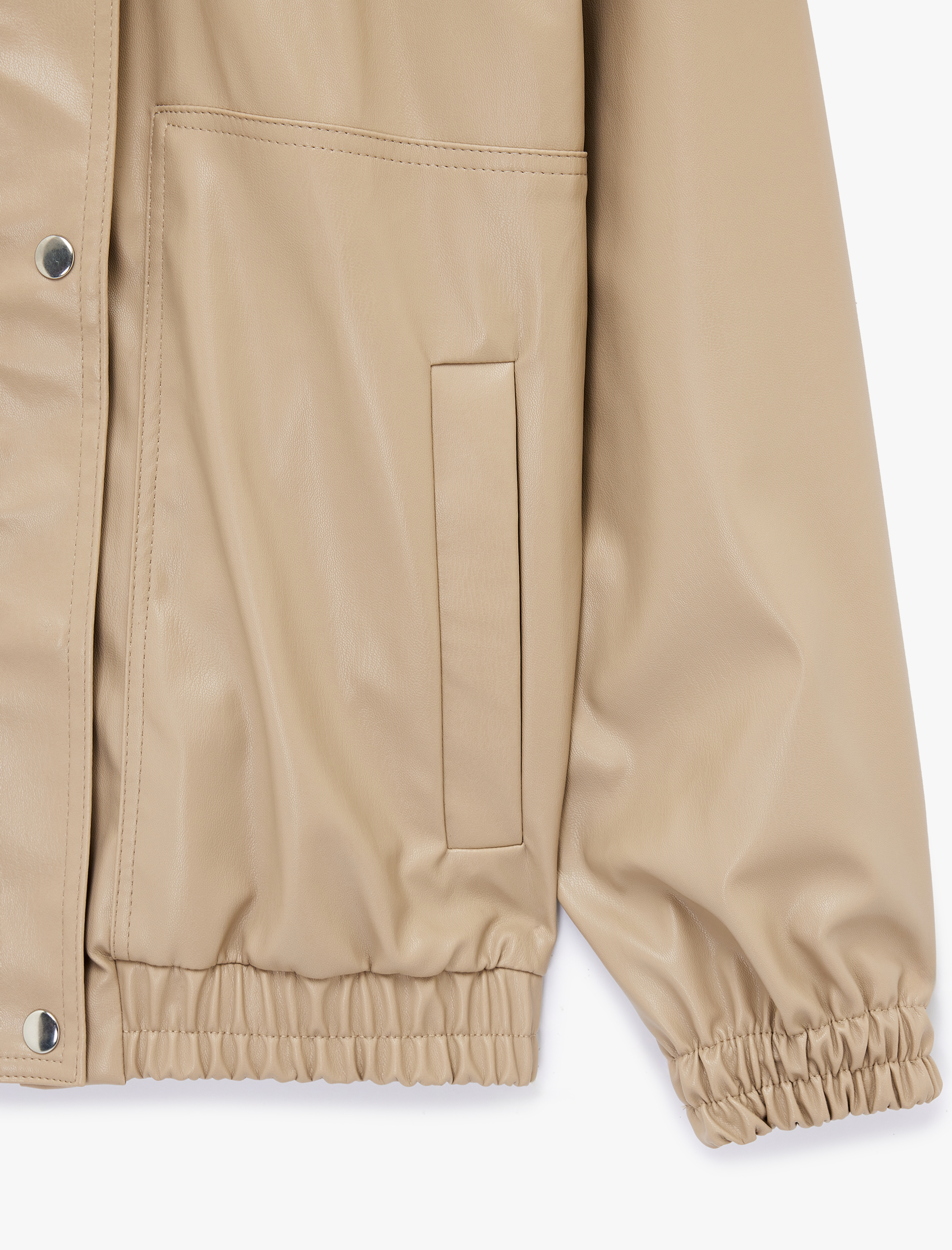   Fermuarlı Uzun Kollu Cep Detaylı Dik Yaka Oversize Suni Deri Ceket