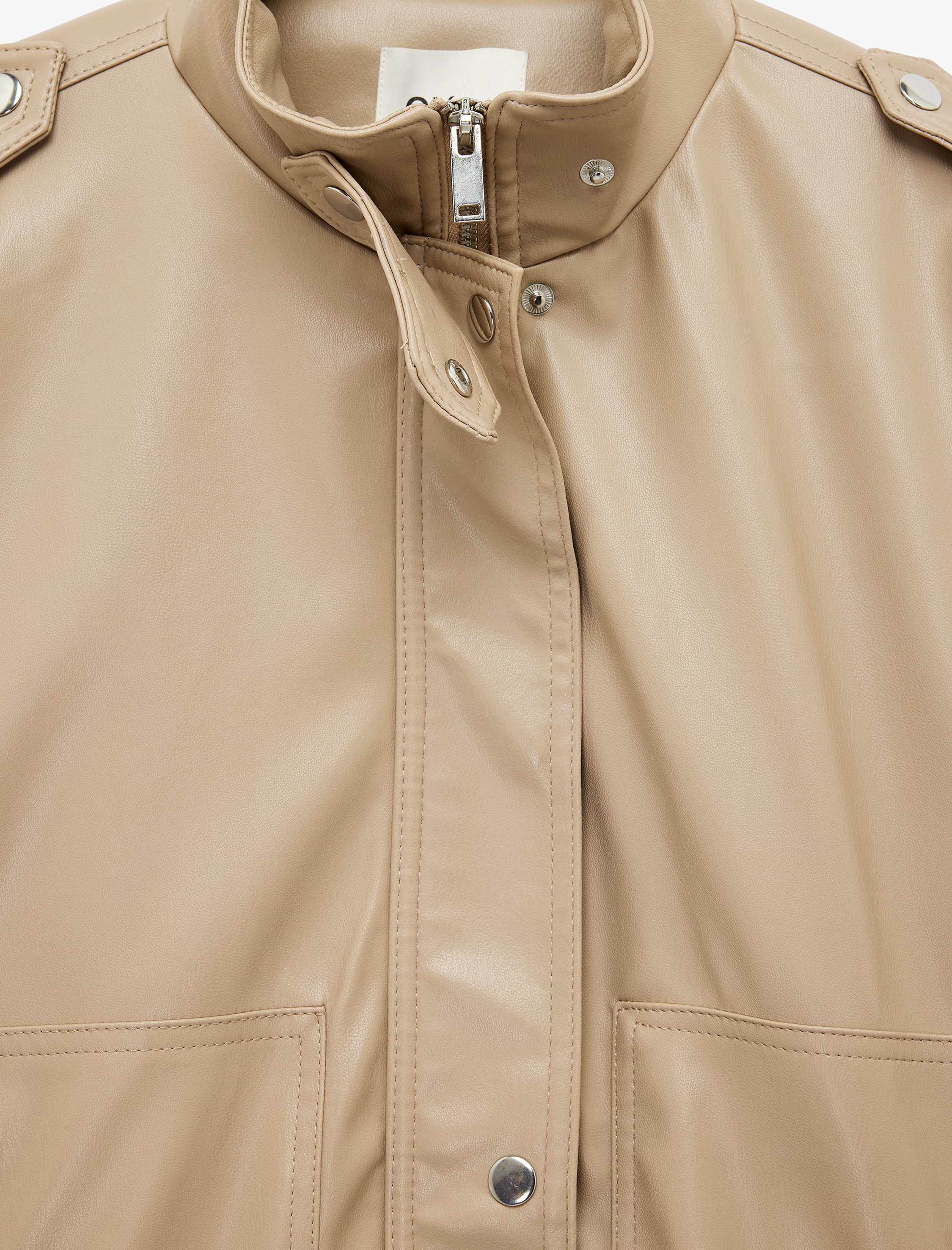   Fermuarlı Uzun Kollu Cep Detaylı Dik Yaka Oversize Suni Deri Ceket