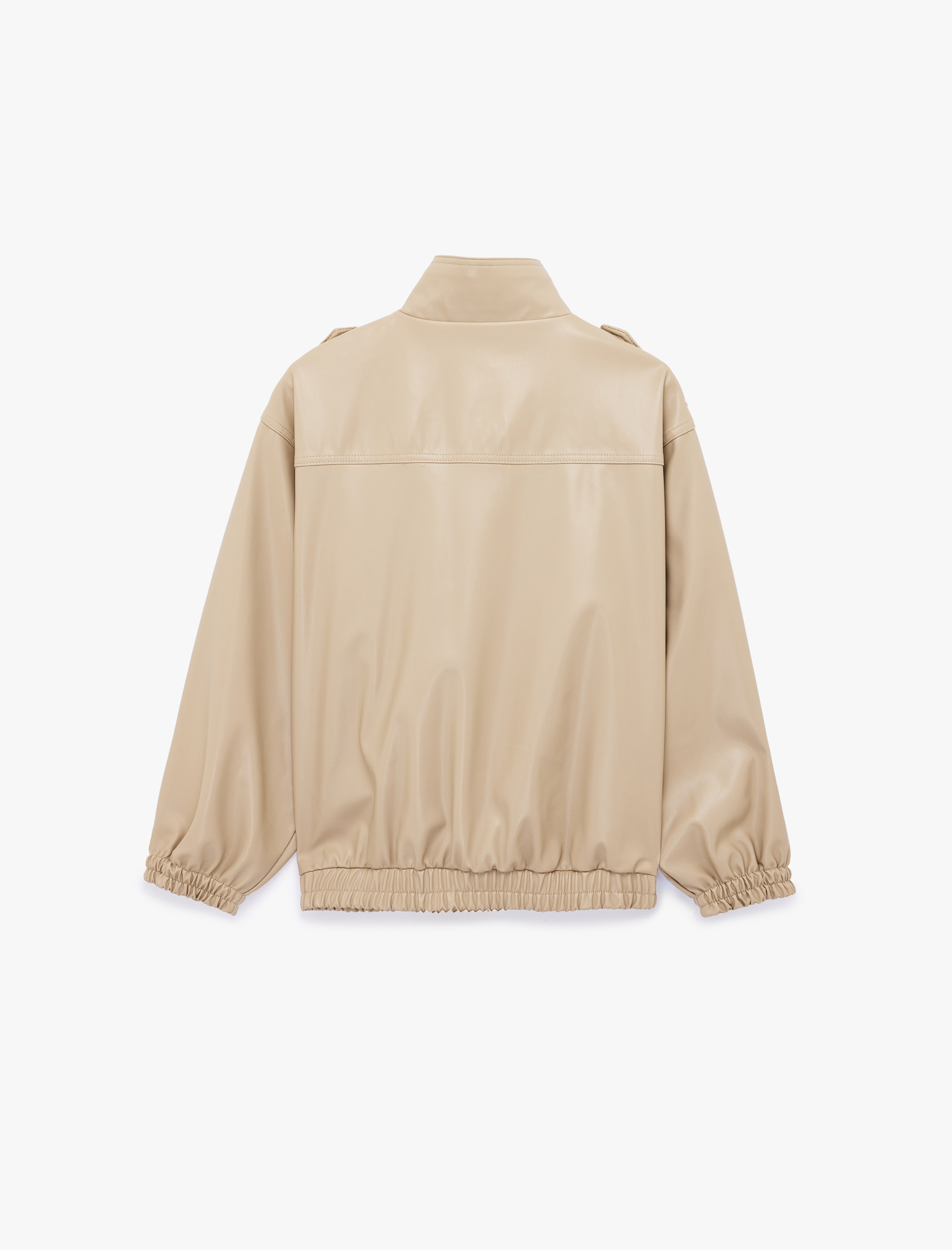   Fermuarlı Uzun Kollu Cep Detaylı Dik Yaka Oversize Suni Deri Ceket