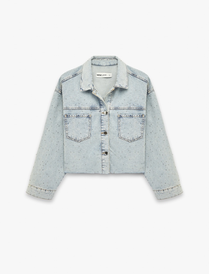  Rahat Kalıp Uzun Kollu Klasik Yaka Cep Detaylı Denim Ceket