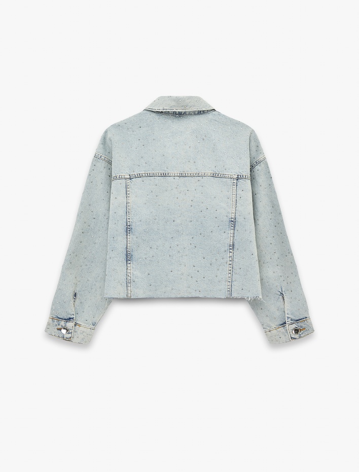  Rahat Kalıp Uzun Kollu Klasik Yaka Cep Detaylı Denim Ceket