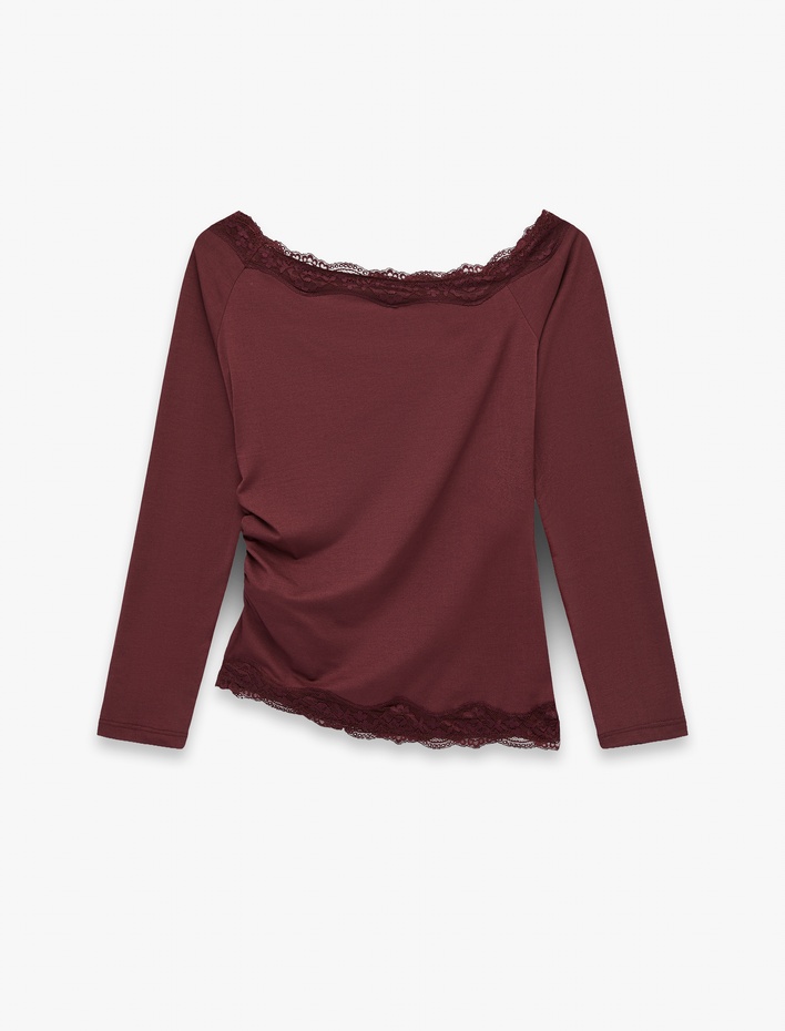  Asimetrik Yaka Uzun Kollu Slim Fit Bluz