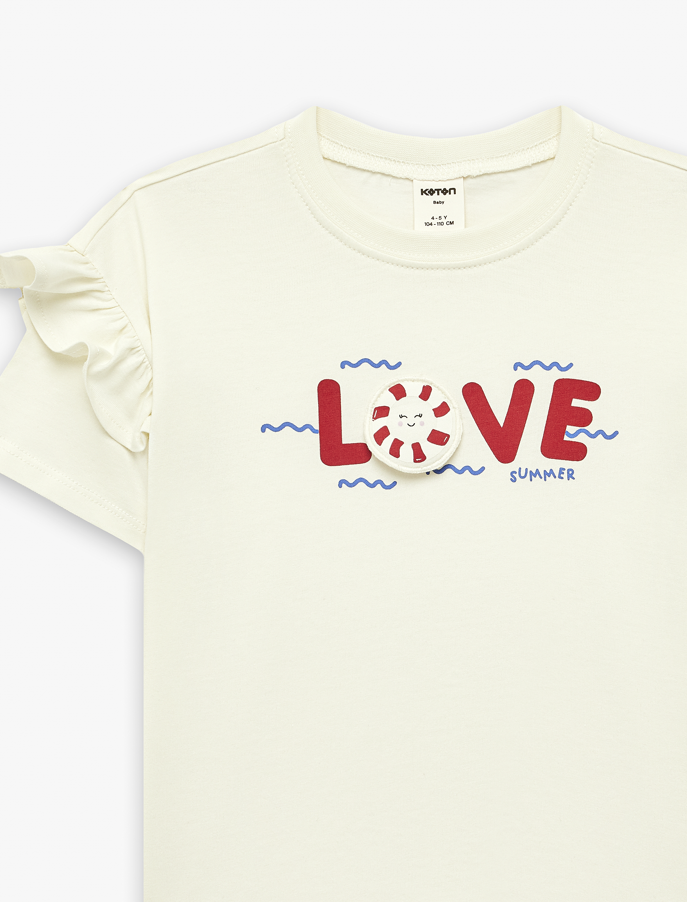  Kız Bebek Kısa Kollu Fırfırlı Bisiklet Yaka Pamuklu Aplike Detaylı Baskılı Tişört